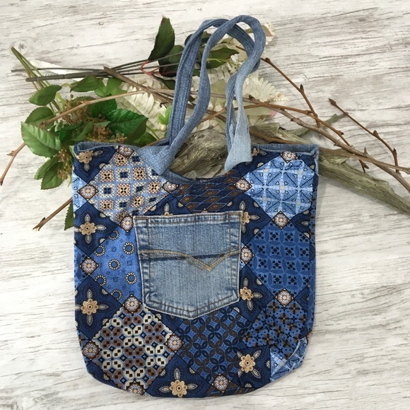 Boho Hippie Patchwork Denim Blue Jean Hand Bag Handmade Print Fabric - Picture 4 of 9